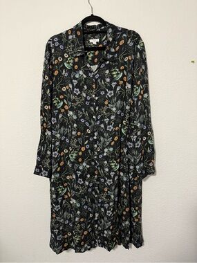 J JILL Black Floral Long Sleeve Button-Front Dress   V3